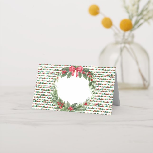 Holly wreath and trees place card (Front)