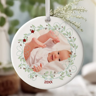 Holly Wreath - Baby Boy First Christmas Photo Ceramic Tree Decoration