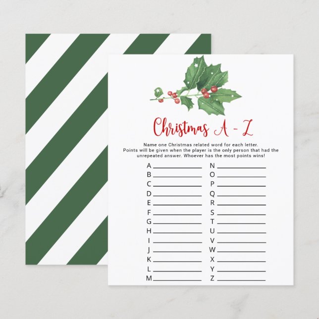 Holly Wreath Christmas A-Z Game Card  (Front/Back)
