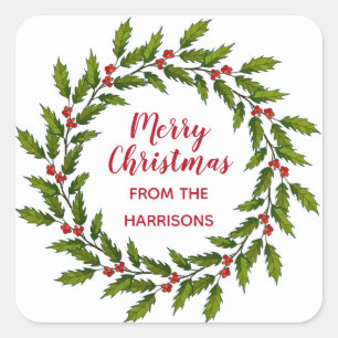 Holly Wreath Christmas Design Sticker Label