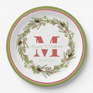 Holly Wreath Christmas   Holiday Wedding Monogram  Paper Plate