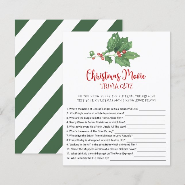 Holly Wreath Christmas Movie TRIVIA QUIZ Game Card (Front/Back)