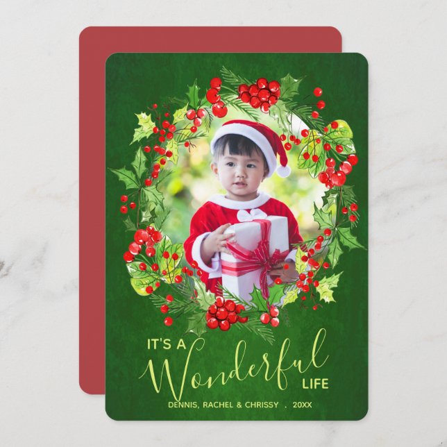 Holly Wreath Christmas Photo Holiday Card (Front/Back)