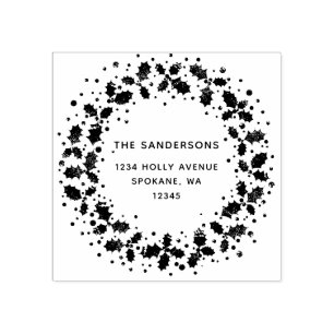Holly Wreath Custom Family Name Return Address Rubber Stamp