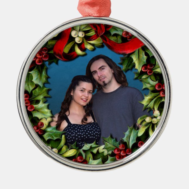 Holly Wreath Custom Photo Personalised Christmas Metal Tree Decoration (Front)