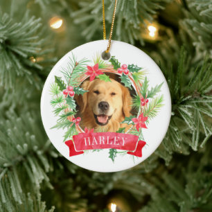 Holly Wreath Dog Photo Ceramic Tree Decoration