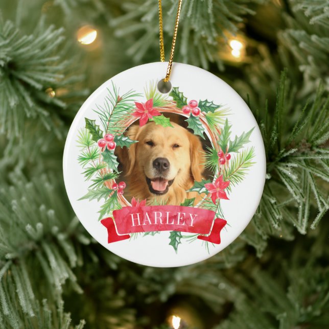 Holly Wreath Dog Photo Ceramic Tree Decoration (Tree)