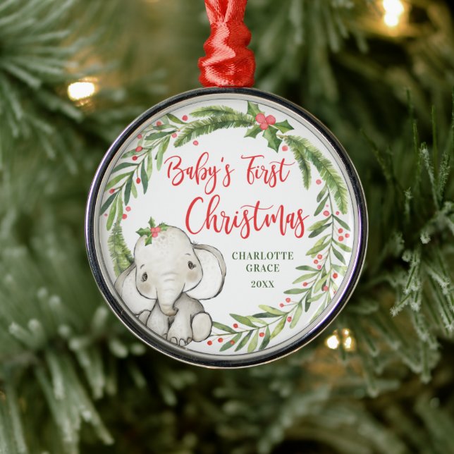 Holly Wreath Elephant Baby's First Christmas Metal Tree Decoration (Tree)