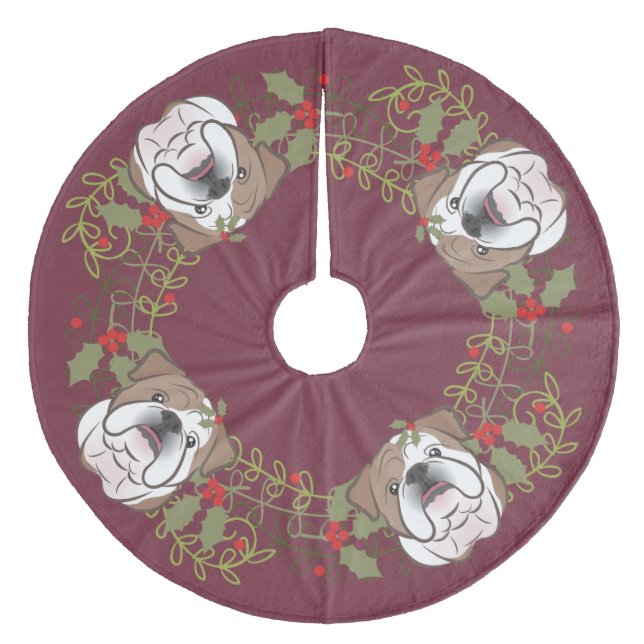Holly Wreath English Bulldog Christmas Tree Skirt (Front)