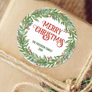Holly Wreath Family Name Christmas White Classic Round Sticker