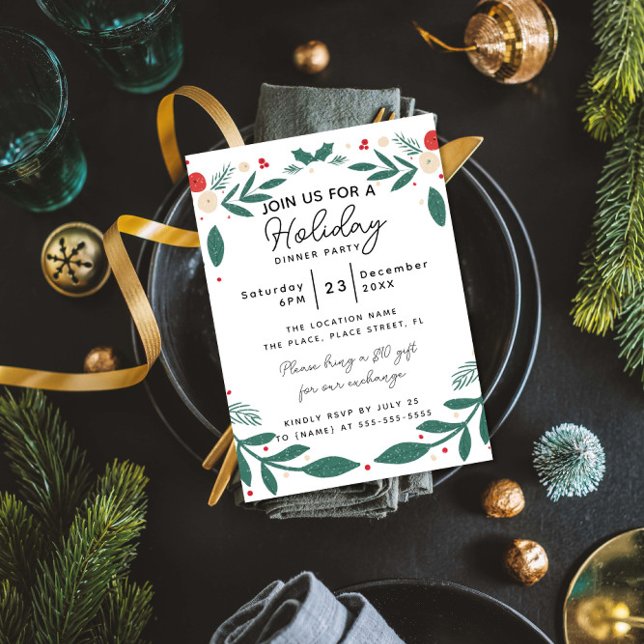Holly Wreath Holiday Dinner Party Foliage Greenery Invitation (Creator Uploaded)