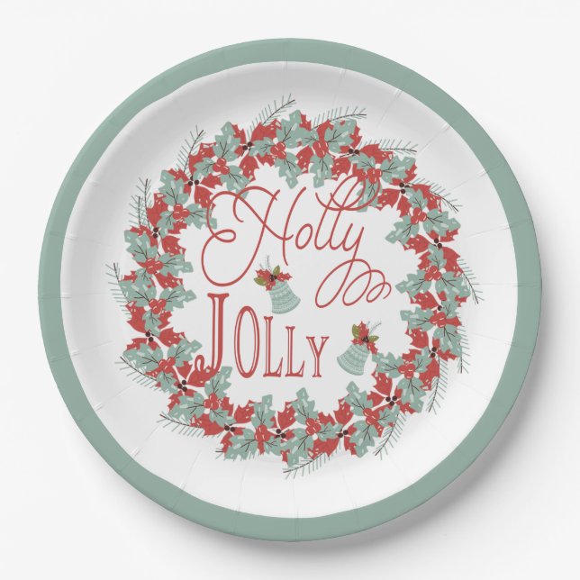 Holly Wreath "Holly Jolly" Christmas Holiday Bells Paper Plate (Front)