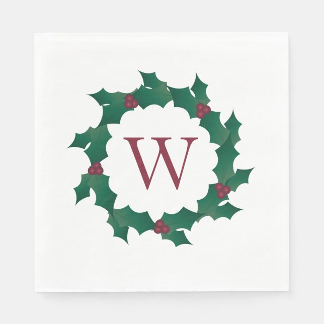 Holly Wreath Initial Christmas Holiday Napkins (Front)
