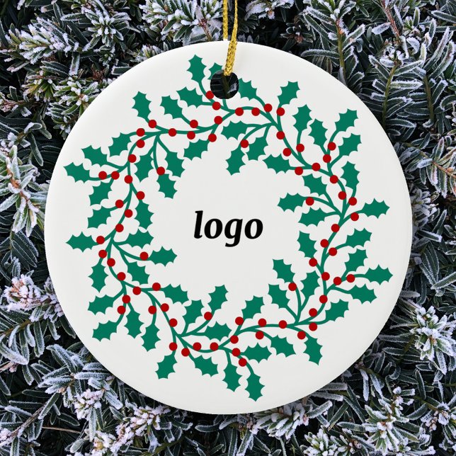 Holly Wreath Logo Business Ceramic Tree Decoration (Logo wreath business promotional ceramic holiday ornament)