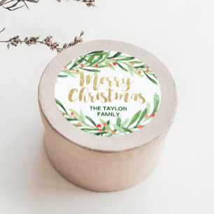 Holly Wreath Merry Christmas Classic Round Sticker