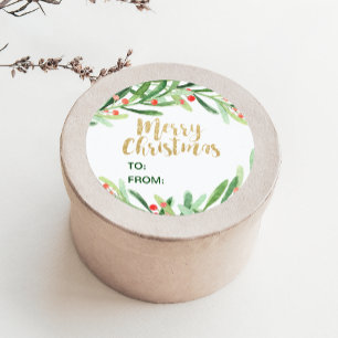 Holly Wreath Merry Christmas Name Classic Round Sticker