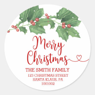Holly Wreath Merry Christmas Return Address Classic Round Sticker