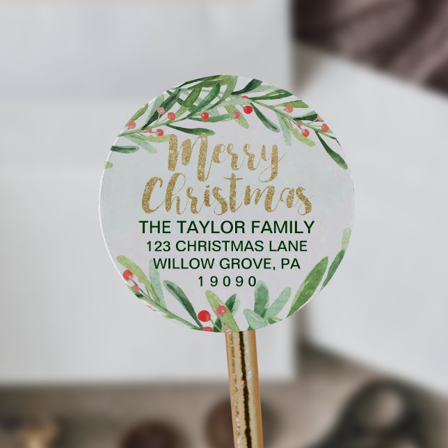 Holly Wreath Merry Christmas Return Address Classic Round Sticker (Creator Uploaded)