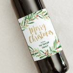Holly Wreath Merry Christmas Wine Label<br><div class="desc">This holly wreath merry christmas wine label makes the perfect classic holiday gift. The design features a watercolor green wreath with red berries and an elegant faux gold glitter font. Personalise the label with your name. Please Note: This design does not feature real gold glitter. It is a high quality...</div>