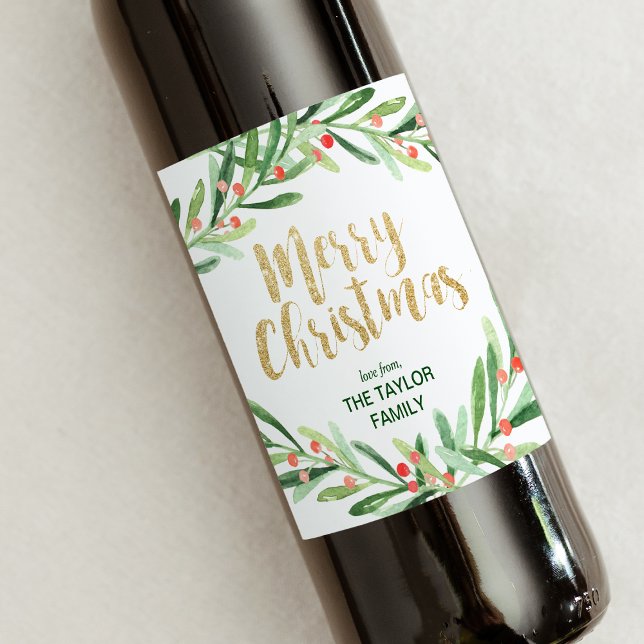 Holly Wreath Merry Christmas Wine Label (Creator Uploaded)