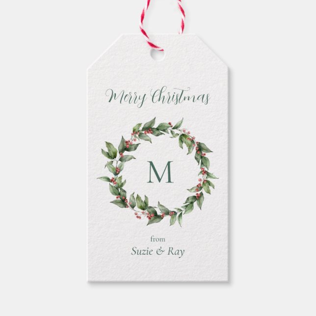 Holly Wreath Monogram Christmas  Gift Tags (Front)