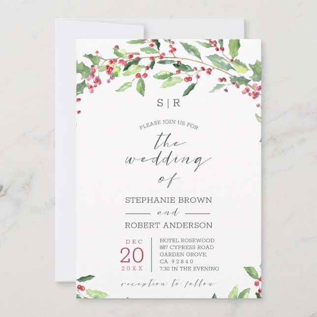 Holly Wreath Monogrammed Holiday Wedding Card (Front)