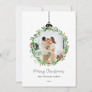 Holly Wreath Ornament Merry Christmas Photo Holiday Card