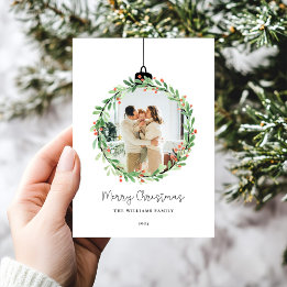 Holly Wreath Ornament Merry Christmas Photo Holiday Card