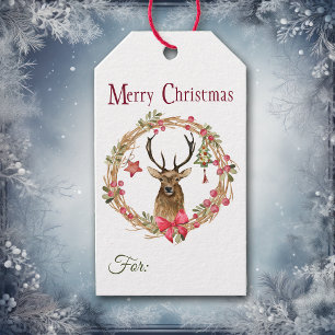 Holly Wreath Red Bow Reindeer Christmas Gift Tags