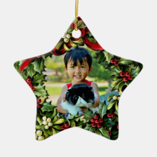 Holly Wreath Star Photo Personalised Ornament (Front)