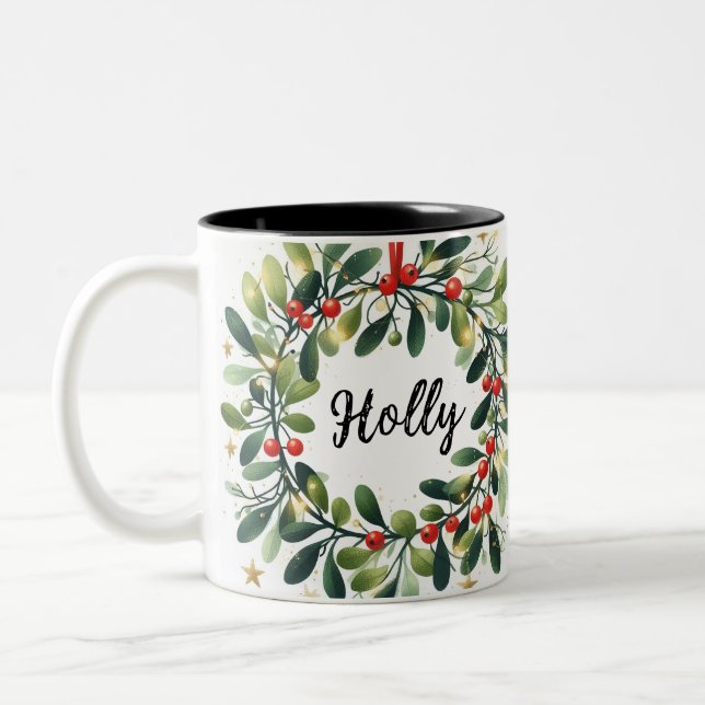 Holly Wreath Two-Tone Coffee Mug (Left)