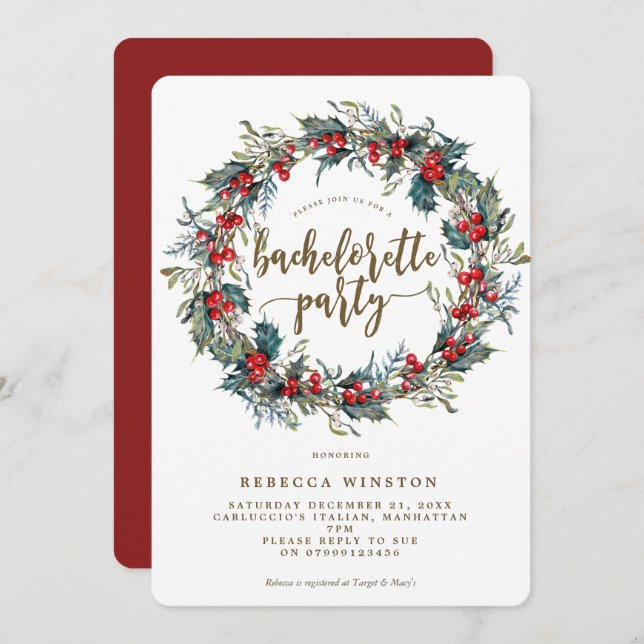 holly wreath winter bachelorette party invite (Front/Back)