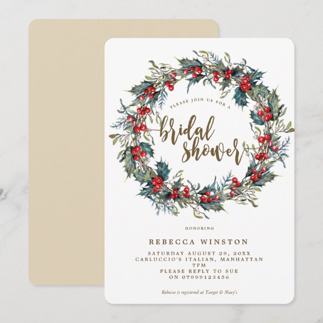 holly wreath winter bridal shower invite (Front/Back)