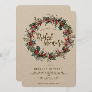 holly wreath winter bridal shower invite kraft