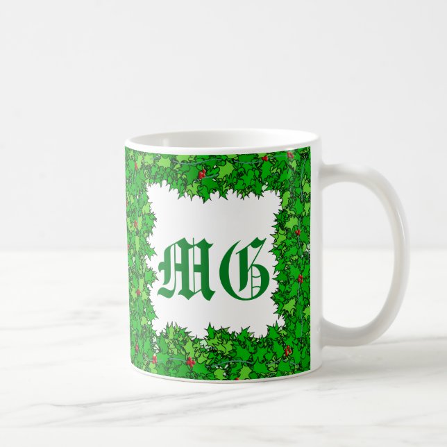 Holly Wreath with Monogram, Dark Green Coffee Mug (Right)