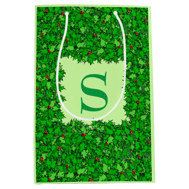 Holly Wreath with Monogram, Dark Green Medium Gift Bag (Front)