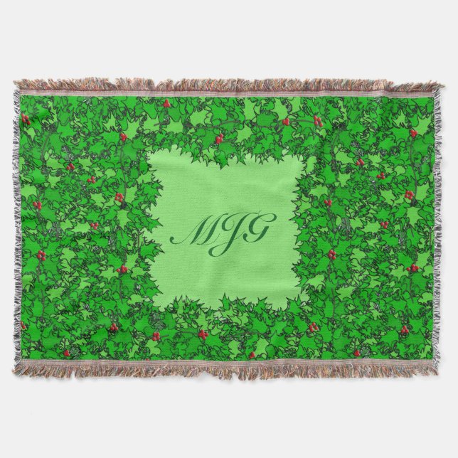 Holly Wreath with Monogram, Dark Green Throw Blanket (Front)