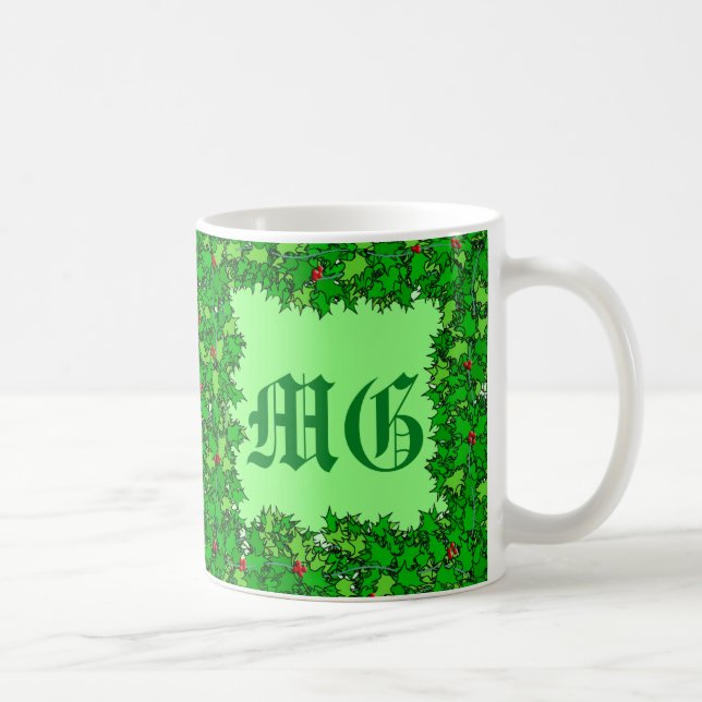 Holly Wreath with Monogram, Deep Green Coffee Mug (Right)