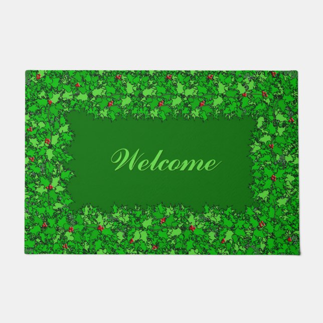 Holly Wreath with Text, Dark Green  Doormat (Front)