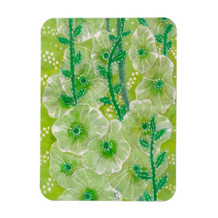 Hollyhock Mallow Flower Floral Art Painting Green Magnet