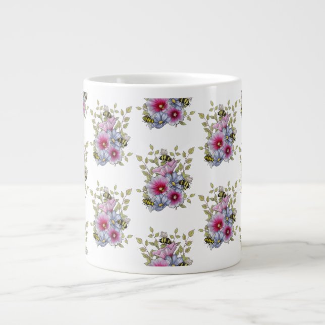 Hollyhocks and Blue Flowers with Bumble BEES Large Coffee Mug (Front)