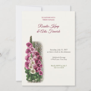 Hollyhocks and Stone Wall Cottage Wedding Invitation