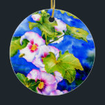 Hollyhocks Ceramic Tree Decoration<br><div class="desc">original romantic hollyhock with little bumble bee watercolor painting by H Cooper</div>