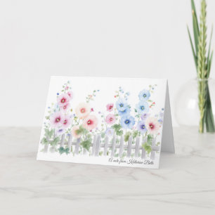 Hollyhocks & Rustic Wood Fence Watercolor  Card