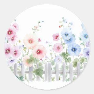 Hollyhocks & Rustic Wood Fence Watercolor Classic Round Sticker