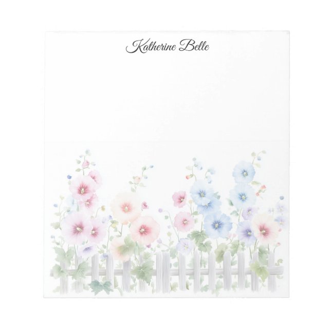 Hollyhocks & Rustic Wood Fence Watercolor Notepad (Front)