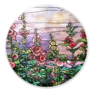 Hollyhocks Vintage Floral Tiffany Stained Glass Ceramic Knob