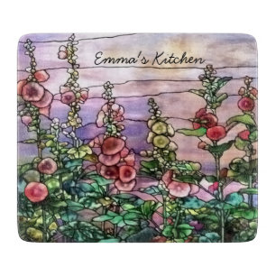 Hollyhocks Vintage Floral Tiffany Stained Glass Cutting Board