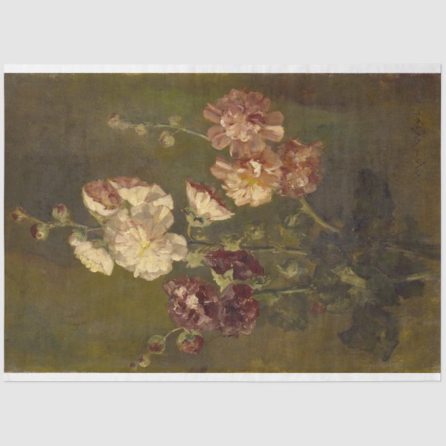 Hollyhocks Vintage Oil on Canvas Tissue Paper (Front)
