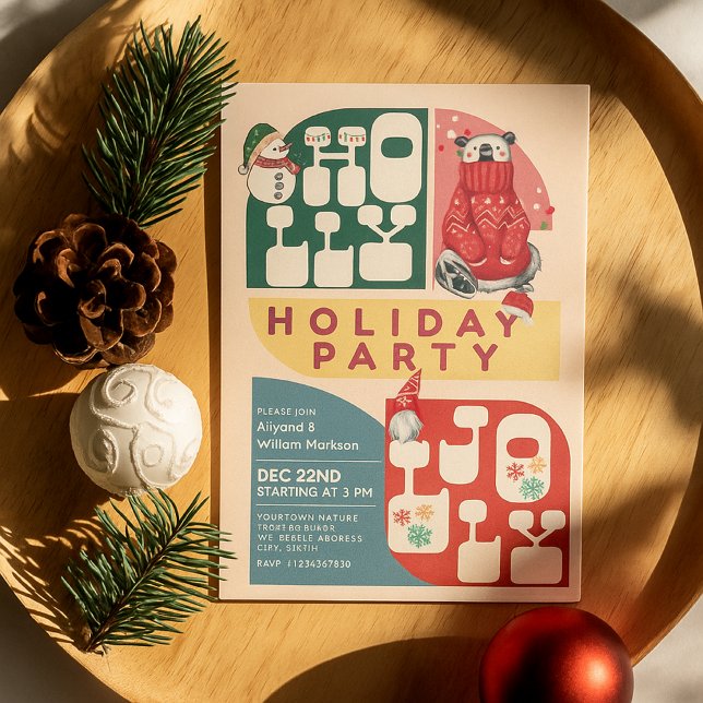 HollyJolly Retro Geometric Pattern Christmas Party Invitation (Creator Uploaded)